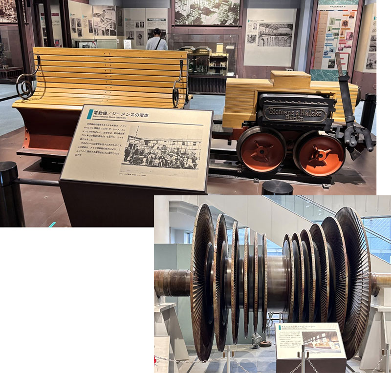 写真は上からジーメンスの電車、右下は東京電力千葉火力発電所のタービンローターです
